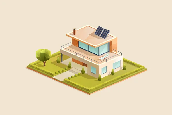 Casa Moderna Eco Familia Con Paneles Solares Ilustración Vectorial Isométrica — Vector de stock