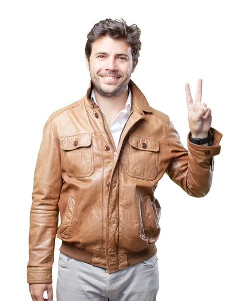 Tourist mit brauner Jacke auf weißem Hintergrund — Stockfoto