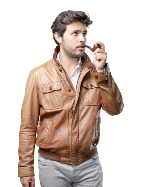 Turista con chaqueta marrón sobre blanco —  Fotos de Stock