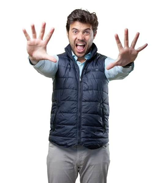 Hombre con chaleco gesto de parada — Foto de Stock