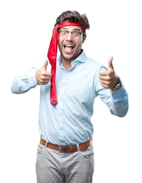 Hombre de negocios en la última fiesta con corbata en la cabeza —  Fotos de Stock