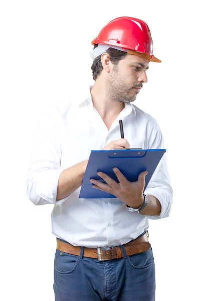 Young architect working over white background — Stock Photo, Image
