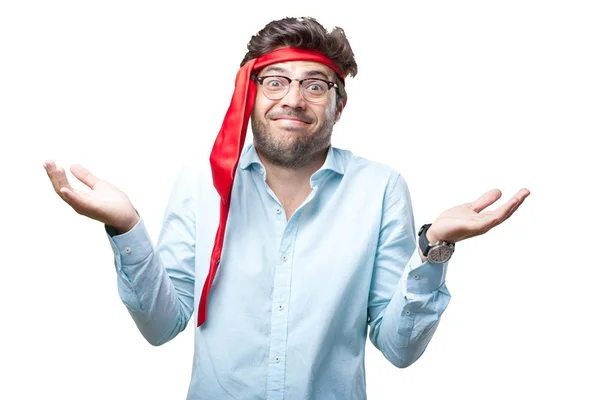 Businessman on late party with tie on head — Stock Photo, Image