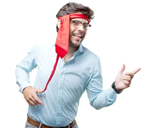 Businessman on late party with tie on head — Stock Photo, Image