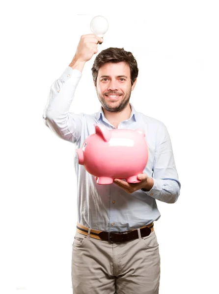 Hombre feliz preocupado por su economía — Foto de Stock