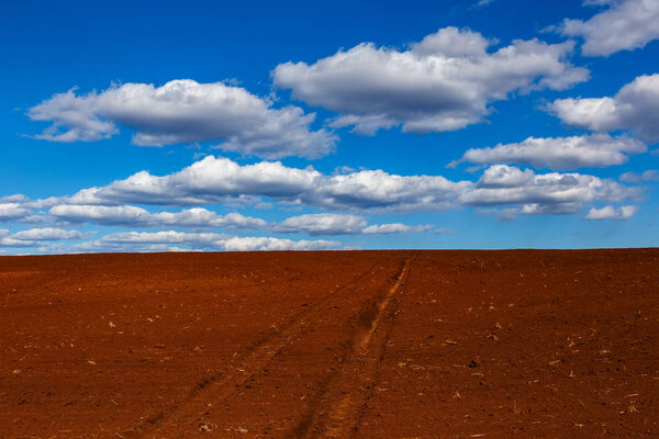 Red field with soil prepared for planting with blue sky and clouds