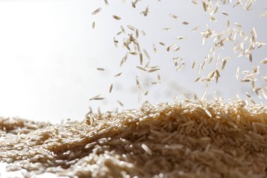 Bir yığın basmati taneli pirinç ve düşen tohumlar.