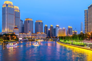 Tianjin 'deki güzel şehir gece manzarası mimari manzarası