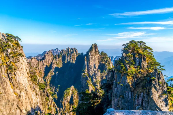 Huangshan Dağı dağ tepesi taşı ve çam ağacı.