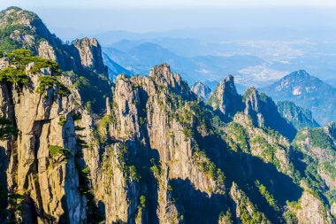 Huangshan Dağı dağ tepesi taşı ve çam ağacı.