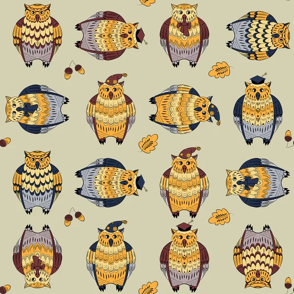 Baykuşlar ile Seamless Modeli yapraklar ve meşe palamutları