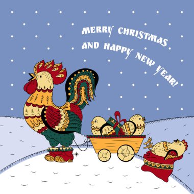 Neşeli Noel kart horoz, kar ve tavuk ile