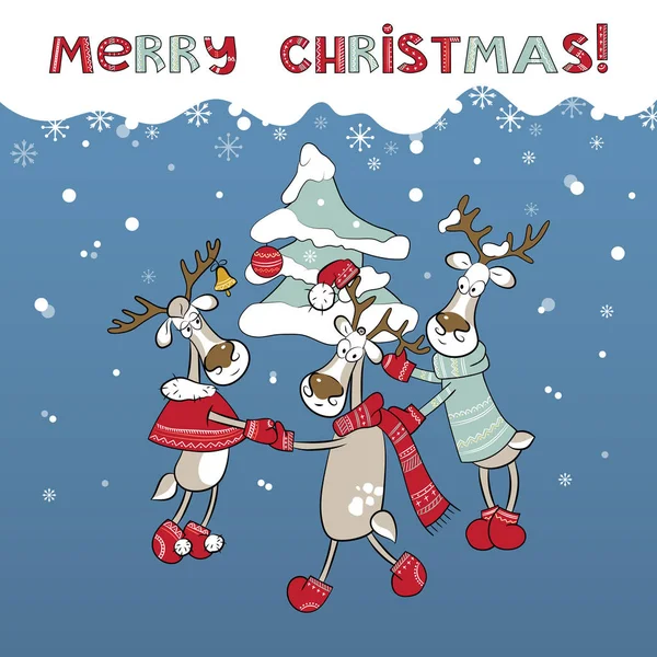 Merry Christmas card z choinki, śnieg i jelenie — Wektor stockowy