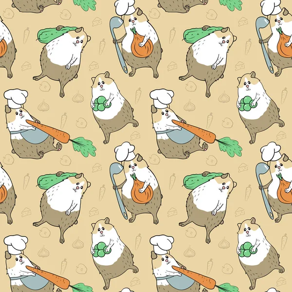 米色和不同蔬菜中豚鼠的无缝模式 — 图库矢量图片