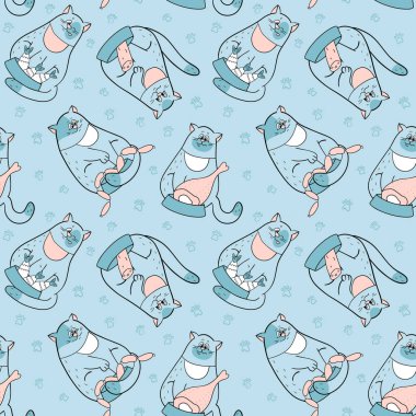 Kediler mavi ve pembe renkler ve gıda ile Seamless Modeli