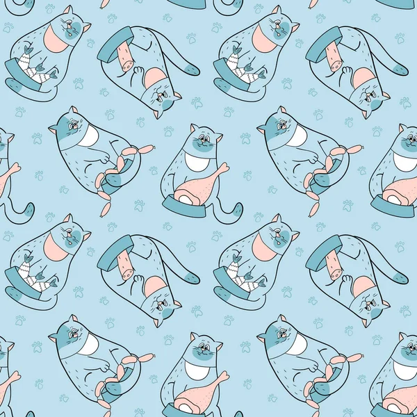 Modèle sans couture avec des chats bleu et rose couleurs et nourriture — Image vectorielle