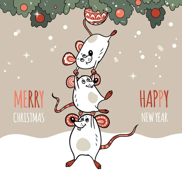 Veselé vánoční přání se třemi myšmi, vánoční stromeček a vánoční míčky v červených a béžových tónech a anglický text "Veselé Vánoce a šťastný nový rok!" Royalty Free Stock Ilustrace