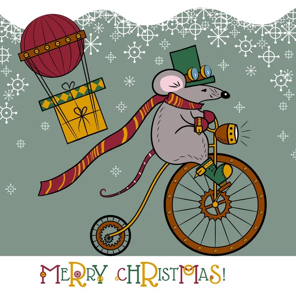 Fröhliche Weihnachtskarte mit Maus auf dem Fahrrad, dem Luftballon und Geschenken und deutschem Text "Frohe Weihnachten!" Stockillustration