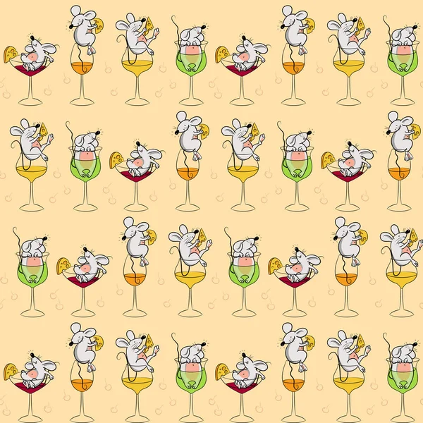 Gözlük, peynir ve renkli içeceklerde yüzen komik fareli kusursuz desenler.