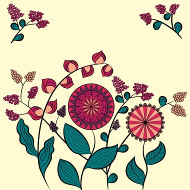 Farklı çiçek ve böğürtlenli bir resim. Tomurcuklar, çiçekler ve böğürtlen. Pembe, bordo ve mor renkler. Duvar kağıtları için, kartpostal olarak kullanılabilir.