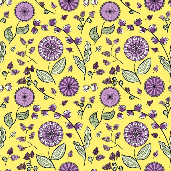 Farklı çiçek ve böğürtlenlerle kusursuz desen. Çiçek vektör geçmişi. Tomurcuklar, çiçekler ve böğürtlen. Lavanta rengi. Duvar kağıtları, desen dolguları, yüzey dokuları için kullanılabilir