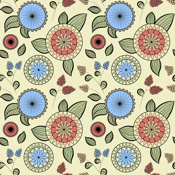 Farklı çiçek ve böğürtlenlerle kusursuz desen. Çiçek vektör geçmişi. Tomurcuklar, çiçekler ve böğürtlen. Pembe, mavi, sarı ve yeşil tonlarda. Duvar kağıtları, şablon dolguları, tekstil, yüzey dokuları için kullanılabilir