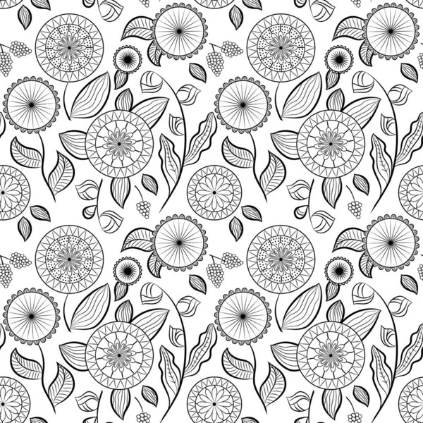 无缝图案 不同的花和浆果 花序向量背景 花和浆果 白色背景上的黑色调 可用于墙纸 花纹填充物 纺织品 表面纹理 — 图库矢量图片