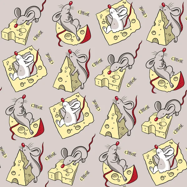 Modèle Sans Couture Avec Différentes Souris Fromage Lettrage Fond Vectoriel — Image vectorielle