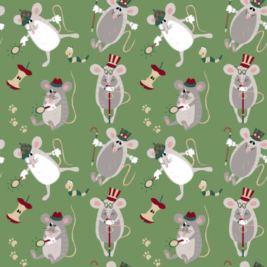 Dedektif Fare 'de kusursuz bir düzen var. Hayvani vektör arka planı. Gri, yeşil, kırmızı ve bej renkler. Duvar kağıtları, şablon dolguları, tekstil, yüzey dokuları için kullanılabilir