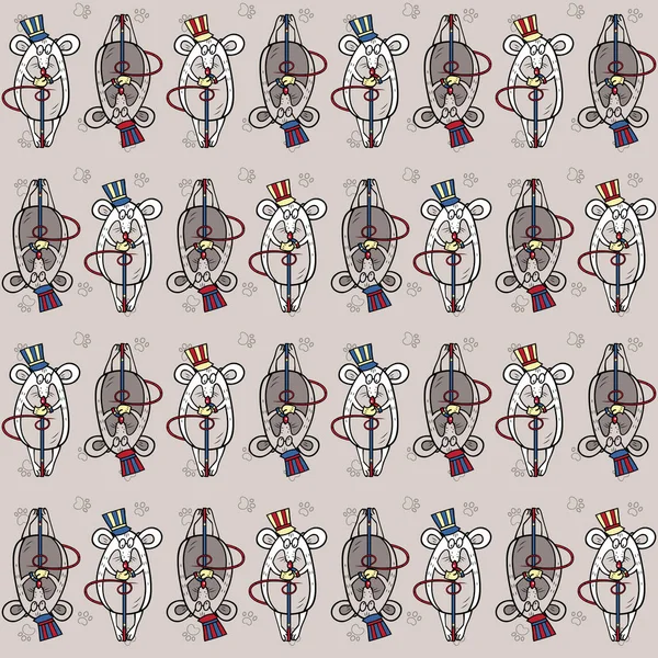 Dedektif Fare 'de kusursuz bir düzen var. Hayvani vektör arka planı. Gri ve kırmızı, sarı ve mavi tonlarda. Duvar kağıtları, şablon dolguları, tekstil, yüzey dokuları için kullanılabilir