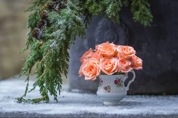 Зима. Нежный нежный букет роз в снегу — стоковое фото