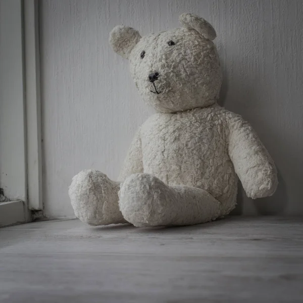 Osito de peluche blanco sentado triste en la ventana — Foto de Stock