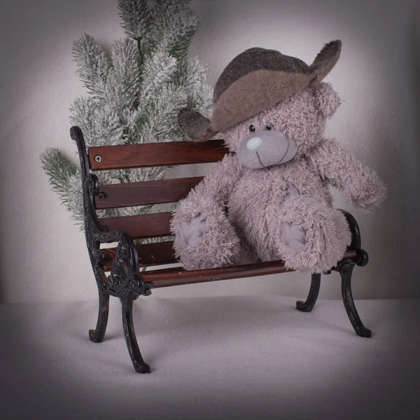 Osito de peluche sentado en el banco con una gorra de invierno — Foto de Stock