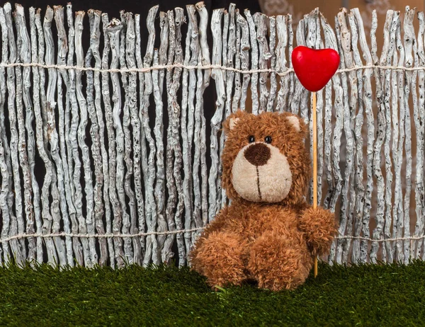 情人节的概念。带着心的泰迪熊坐在 g 上 — 图库照片