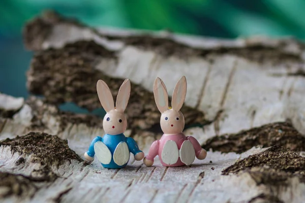 Conceito de Páscoa. Dois coelhos de madeira na casca de bétula . — Fotografia de Stock