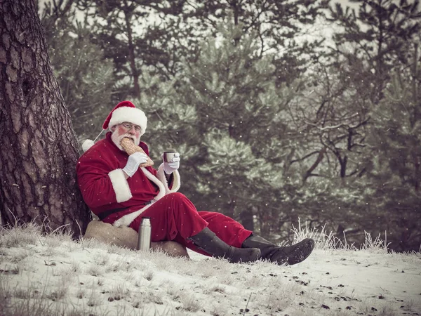 Babbo Natale riposo e bere caffè caldo con grande pan di zenzero . — Foto Stock