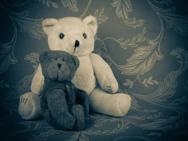 Two cute retro teddy bears sitting on the grey background with p — Stock Photo, Image