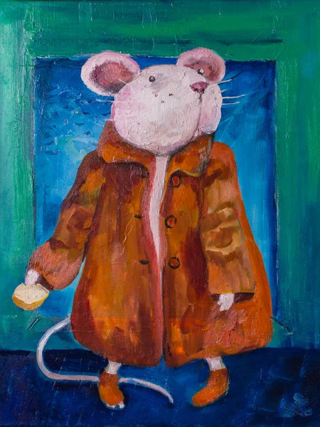 Lustige Ratte im Mantel, die Brot isst. Ölgemälde auf Leinwand. — Stockfoto