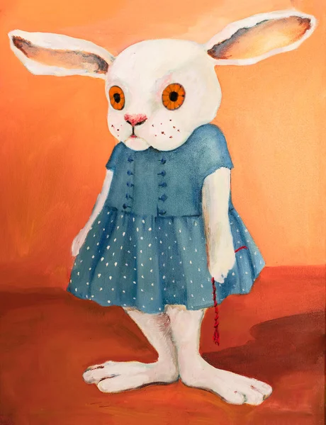 Pensive cartoon rabbit in a blue dress and with a cord in his hand is standing in an empty orange room alone.