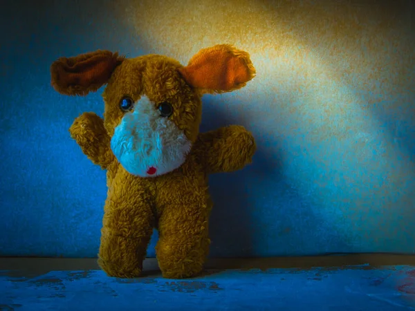 Испуганный Ребенок Темноте Маленькая Игрушка Одинокой Собаки Темно Синей Комнате — стоковое фото