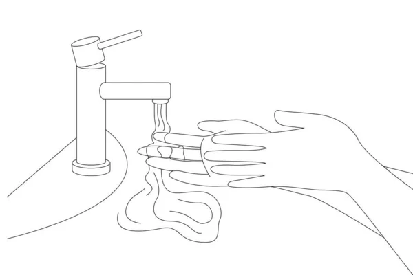 Händewaschen Unter Dem Wasserhahn Schwarz Weiß Illustrationen Handflächen Und Finger — Stockvektor