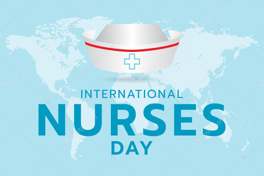 International nurse day, generated image nurse cap and text design on the world map and cyan background.
