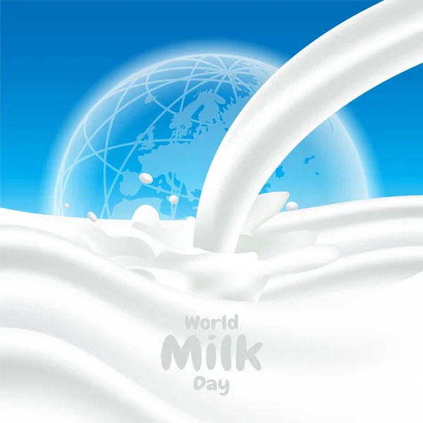 Weltmilchtag Gießen Milch Spritzkräuseln Auf Der Erde Cyan Hintergrund Illustration — Stockvektor