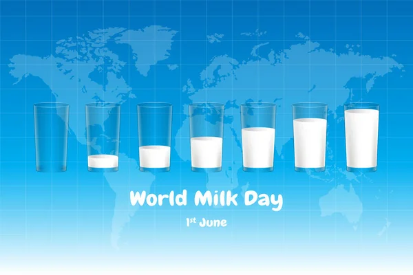 Día Mundial Leche Vidrio Generado Leche Mapa Mundial Fondo Ciano — Vector de stock