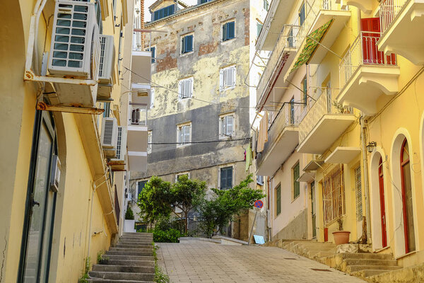 View on a typical street in Kerkira, the capital of the Island Corfu in Greece.