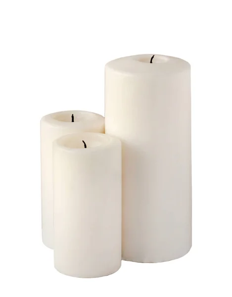 Three Large Candle Pillars White Isolated Background — Stock Photo, Image