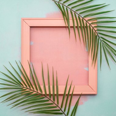 Ahşap pembe çerçeveli palmiye dalları. Fırça darbeleriyle mavi arkaplan.