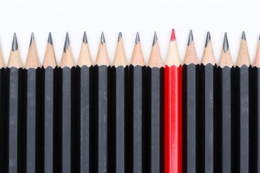 Red pencil standing out from crowd of plenty identical black fel clipart