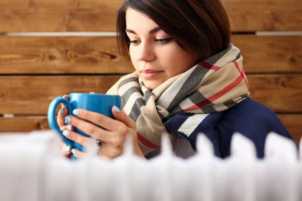 Beautiful Pensive Woman Wrapped Cozy Scarf Jacket Hug Mug Hot — Stock Photo, Image