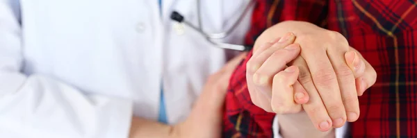 Woman doctor hands holding female child patient hand — Stock Photo, Image